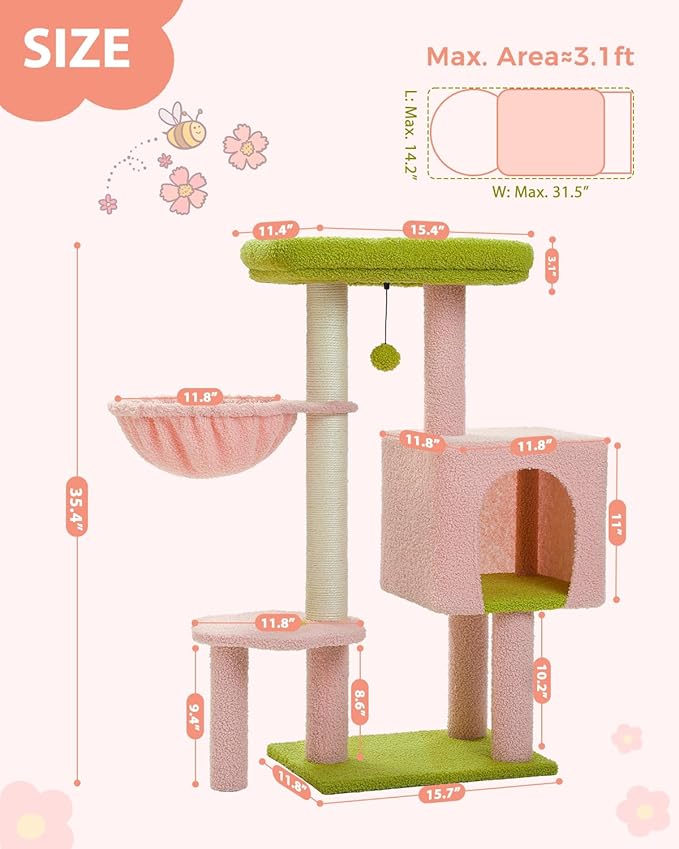Flower Pink Cat Tree, 35.4" Cute Cat Tower Condo for Indoor Cats w/Large Padded Perch, Cat Scratching Post, Comfy Hammock, and Dangling Ball, for Small-Medium Cats