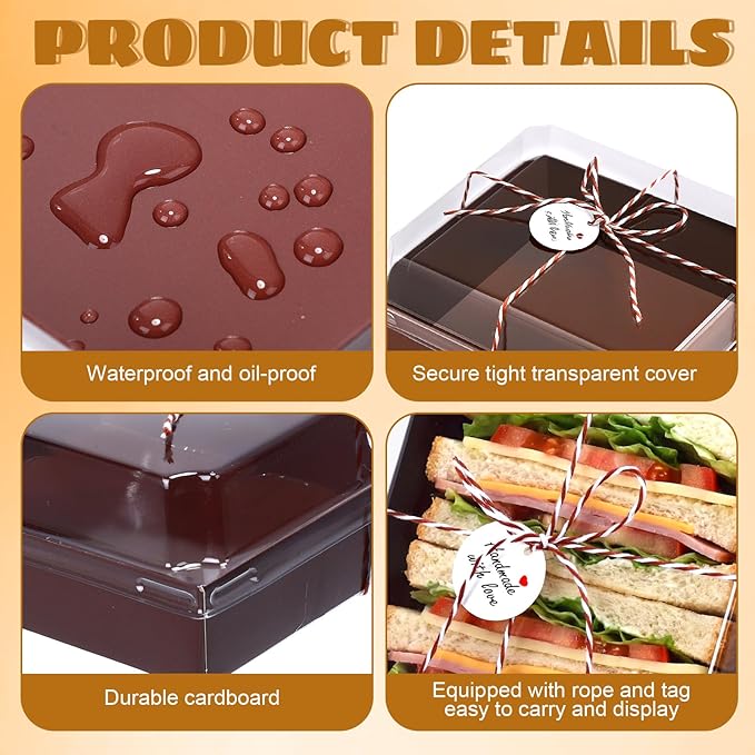 Outus 100 Pack Charcuterie Boxes with Clear Lids, 5.7 x 5.1 '', Mother 's Day Back to School Paper Food Containers Cake Take out Bakery Boxes with Gift Tags Rope for Desserts(Coffee Brown,Classic)