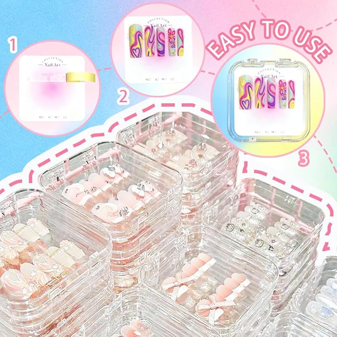 15PCS press-on nail storage set includes 1 Clear Organizer, 14 Nail Display Case Fake Nail Instructions and Double Sided Adhesive Artificial False Nail Box Acrylic Organizer Nail Case