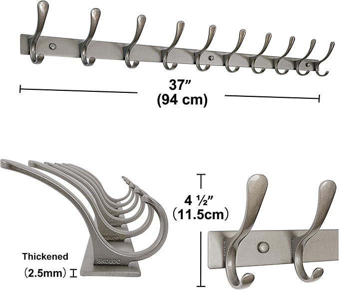 SKOLOO Coat Rack Wall Mounted - 10 Hooks, Pack of 2, Heavy Duty, Stainless Steel, Metal Wall Hangers, Sturdy Coat Hooks for Hanging Coats, Jacket, Clothes, Hat, Matte Grey