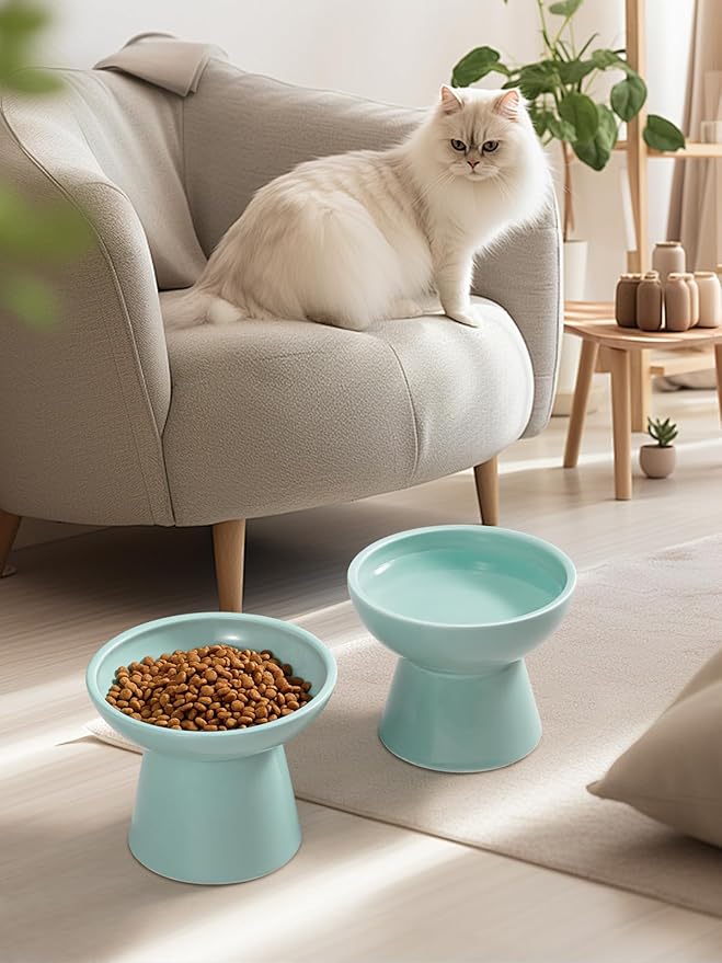 LoeJan Elevated Cat Food and Water Bowls Set, Extra Wide and Raised Ceramic Feeder, Anti-Vomit Whisker-Free Pressure Feeding Bowl for Kittens Adult Small Dogs (Blue, Food Bowl)