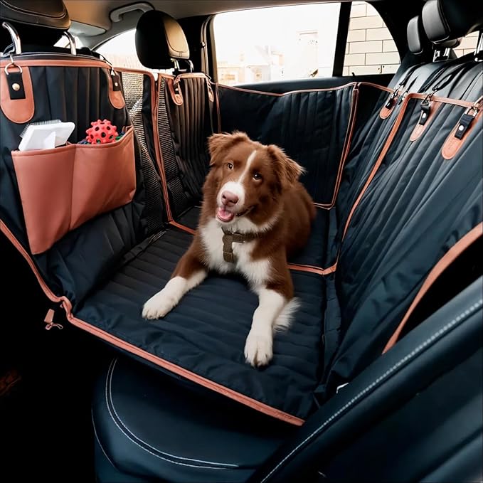 Owleys Hard Bottom Pet Seat Cover for Back Seat – Heavy Duty Waterproof Dog Hammock Bed –Travel Protector for SUVs, Sedans & Trucks – Foldable Design - 2 Pockets – Mesh Ventilation Windows