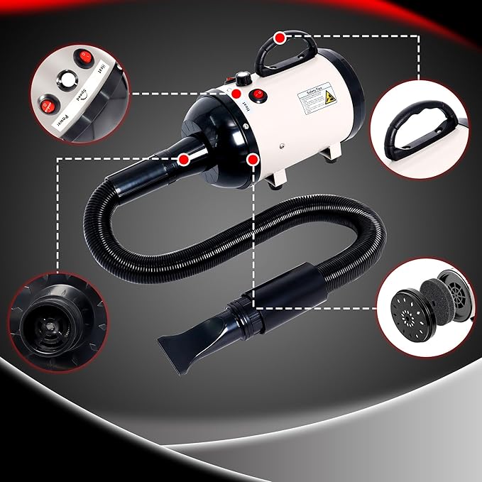 Dog Hair Dryer High Velocity Professional Dog Blow Dryer with Adjustable Speed Dog Pet Grooming Dryer Blower with 4 Nozzle 2 Blow Temperature(White