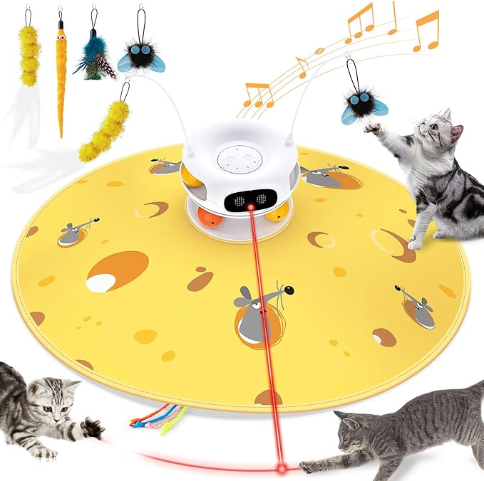 Interactive Cat Toys for Indoor Cats, 5 in 1 Hide and Seek Cat Toys with Motion Activated and Automatic Laser, Fluttering Feather & Dual Track Balls with Chirping for All Breeds, Rechargeable