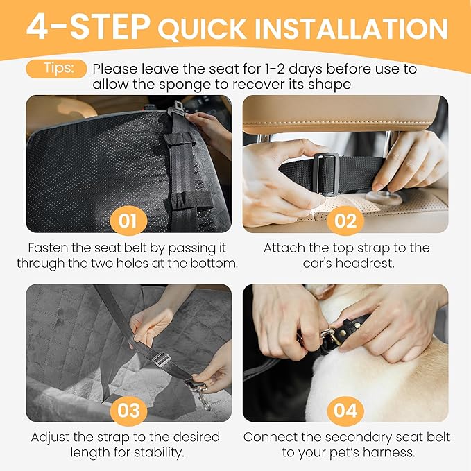 Dog Car Seat for Small Dog, Booster Seat for Dogs Under 30lb, Elevated Pet Seat with Pockets, Anti-Slip Bed for Car, Perfect for Front & Back Seats with Safety Leash (Grey, Medium)