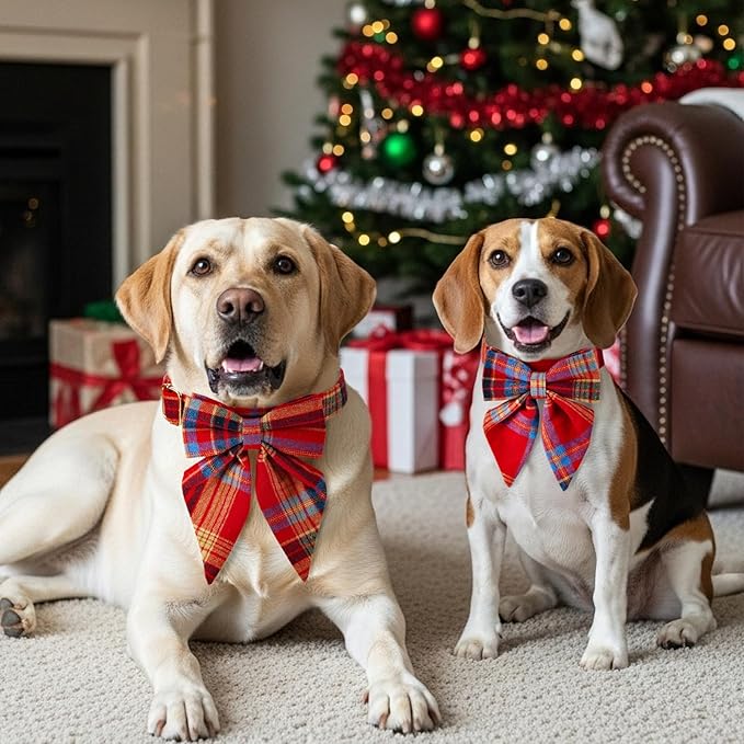 Vehomy Christmas Dog Collar with Bow Adjustable Plaid Collar with Bowknot Christmas Day Pet Accessory Plaid Bowtie Collars for Small Medium Large Dogs M