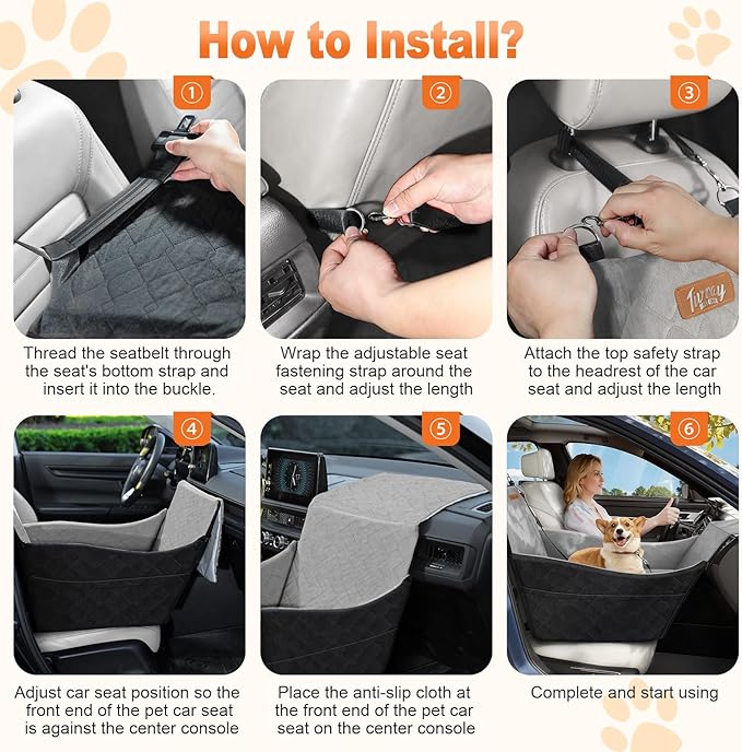Elevated Dog Car Seat, Dog Booster Car Seats for Small & Medium Breeds Up to 35lbs, Fully Detachable and Washable, Memory Foam Pet Carseat with 2 Storage Pockets & 3 Safety Belts, Black & Gray