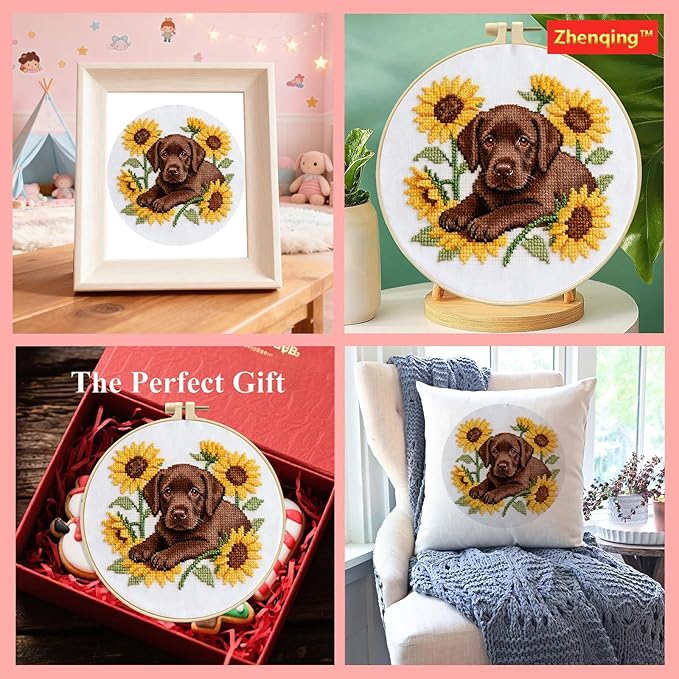 Zhenqing Labrador Dog Cross Stitch Kit for Beginners, 11CT Printed White Cotton Fabric 24x24cm with 20cm Hoop, Sunflower & Puppy Embroidery Set with Threads & Instructions(70788)