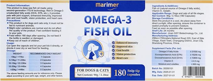 Snip Tips Omega-3 Fish Oil for Cats for Dogs – EPA & DHA with Vitamin E – Liquid Soft Gels You Can Snip & Pour – Supports Heart, Skin, Coat, Joint & Immune Health – 180 Softgels