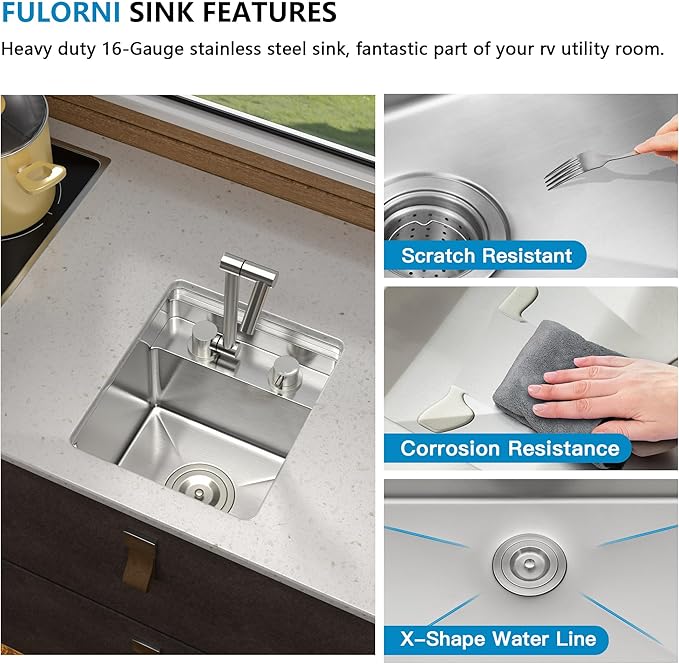13"x15" Undermount RV Kitchen Sink – 16 Gauge 304 Stainless Steel Under Counter Single Bowl Sink Basin with Foldable Faucet for RV, Camper, Mobile Home, Wet Bar, Outdoor Kitchen
