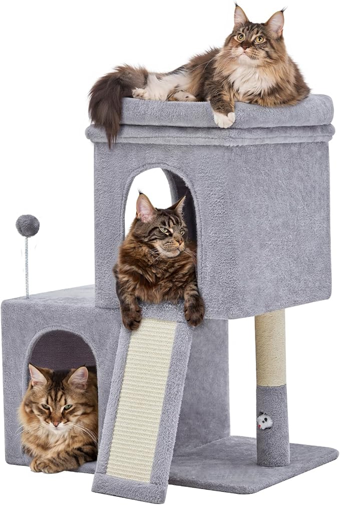 32inch Tall Cat Tree with 2 cat condo for Adult Cats Cozy Cat Tower with Scratching Post and Scrather Board for Cats of Different Ages.(Light Grey)