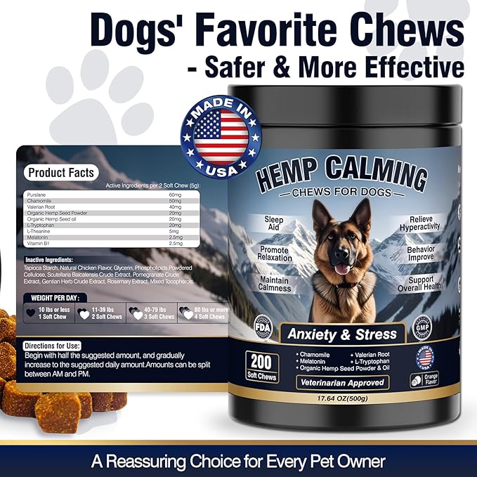 Calming Chews for Dogs 200 ct Hemp Dog Calming Chews - Anxiety and Stress Relief Treats Melatonin Bites Sleep Aid for Small/Medium/Large Dogs Calm Dog - Separation, Fireworks, Thunder, Barking,Orange