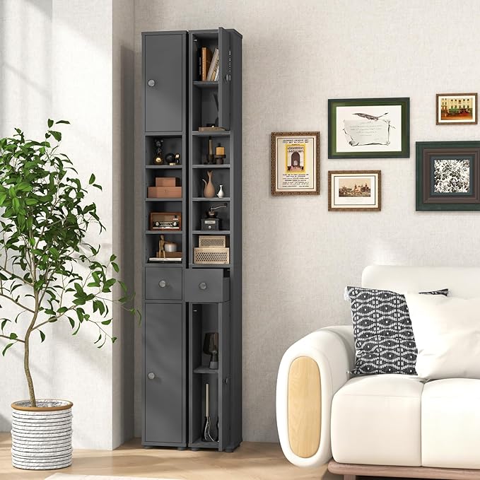 SIMOE Slim Bathroom Tall Cabinet, Freestanding Floor Storage Organizer with 2 Doors, 1 Drawer & 5 Adjustable Shelves, Narrow Linen Tower for Small Spaces, Wood Fiber Board Material, Bathroom Organizer