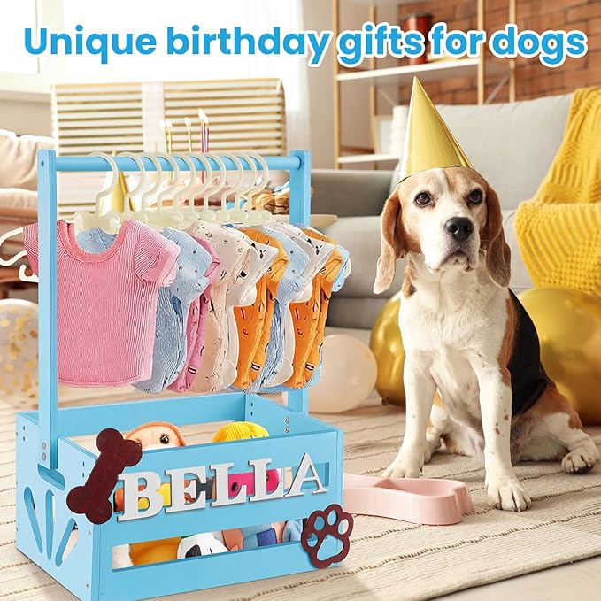 20" x 13" x 9" Wooden Dog Closet Pet Wardrobe Crate Box with Hanging Rods and Personalized Alphabet Letters Easy Assembly Baskets for Dog Cat Toys Clothes Accessories (Blue)