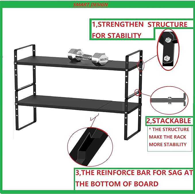 Expandable Stackable Spice Rack Cabinet Shelf Organizer in Cabinets Shelves Kitchen Cupboard Organization Stack up Racks Pantry Countertop Storage Large/Black 2 Packs