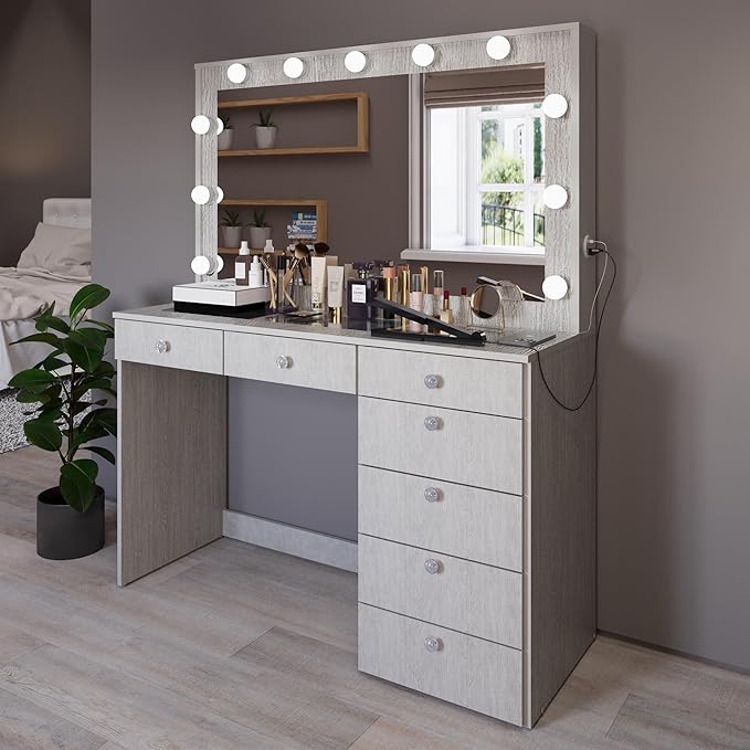 Boahaus Serena White Makeup Vanity with Mirror and 11 Lights, 7 Drawers, Glass Top, Crystal Knobs, USB-A & USB-C Ports, 110V Power Outlet, Bedroom Vanity Desk (Grey-1)