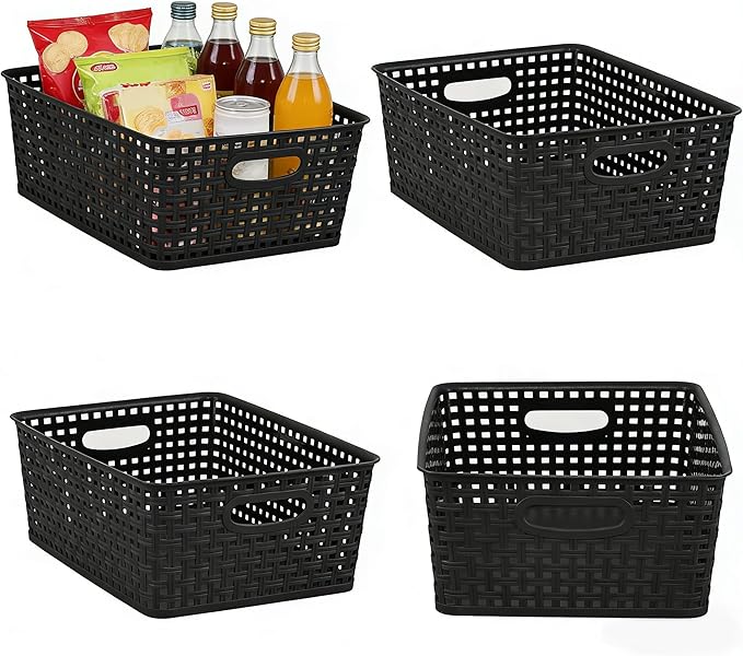 Plastic Storage Baskets, 4 Pack, Gray, Durable, Easy to Use, 11.49" x 8.89" x 4.52", Multi-Purpose, Ideal for Closets, Cabinets, Shelves, Countertops