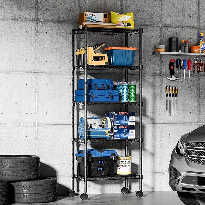 DUMOS Industrial 5 Level Grid Storage Rack ,Mobile Metallic Shelving System with Lockable Wheels, Multi-Purpose Cabinet for Workshop, Culinary Space, Storeroom, Washroom & Restroom Black