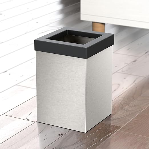 Gatco 1914MX Modern Square Wastebasket, Satin Nickel and Matte Black Combo - Stainless Steel Trash Can with Removable Lid, Leakproof, 3 Gallon Capacity for Bathroom, Bedroom, Kitchen, or Office