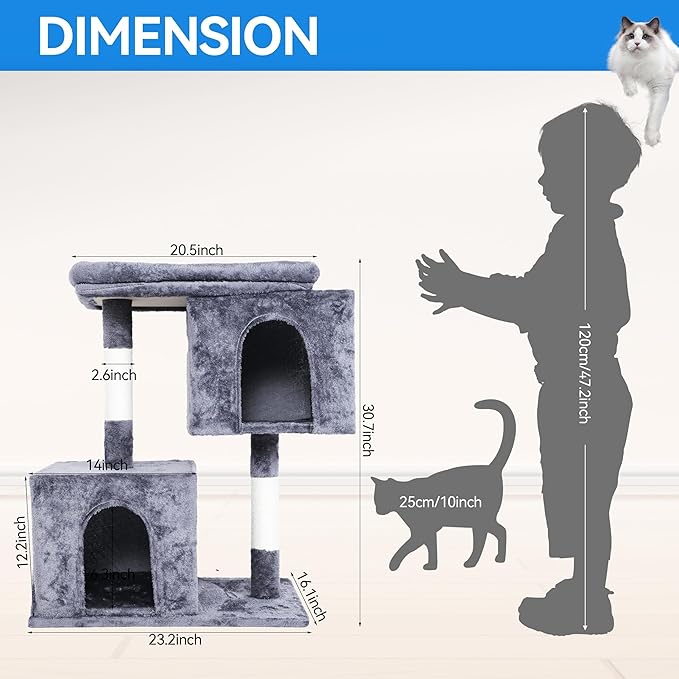 FluffyDream 33.5in Small Cat Tree Tower for Indoor Adult Cats, 2 Cozy Plush Condos, Oversized Perch & Sisal Scratching Posts,Grey
