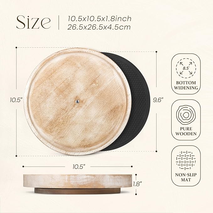 10.5" Non-Skid Wood Lazy Susan Turntable for Table Top – Chic Lazy Susan Turntable for Cabinet, Coffee Table, Pantry & Kitchen Counter Tray - Ideal for Organization and Storage (Natural Wood)