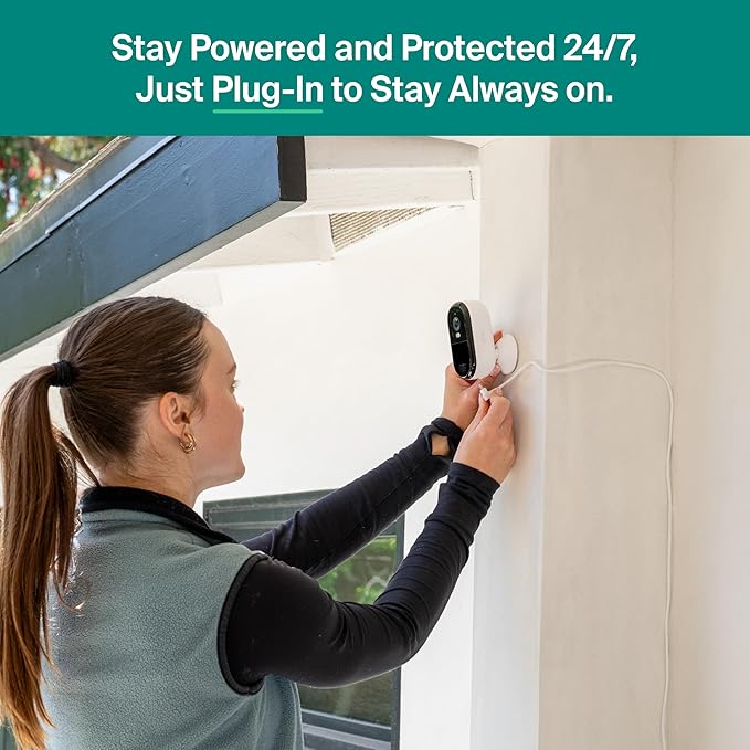 Arlo Essential Security Camera 2K (2025 Release) + 6 Months of Secure Plus Plan - Continuous Wired Plug-in Power Outdoor Camera, Person Recognition, Package Detection, Animated Preview, 2 Cam, White