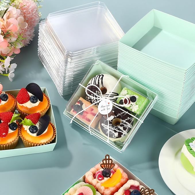 Outus 100 Pack Charcuterie Boxes with Clear Lids, 5.7 x 5.1 '', Mother 's Day Back to School Paper Food Containers Cake Take out Bakery Boxes with Gift Tags Rope for Desserts(Sage Green,Classic)