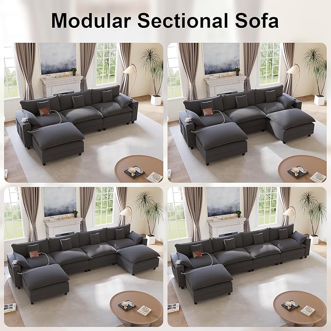 116" Modular Sectional Sofa, U Shaped Cloud Couch with Movable Ottoman, Chenille Deep Seat Cloud Sofa with Charging Station, Cup Holder, Side Pocket, Sectional Couches for Living Room, Grey