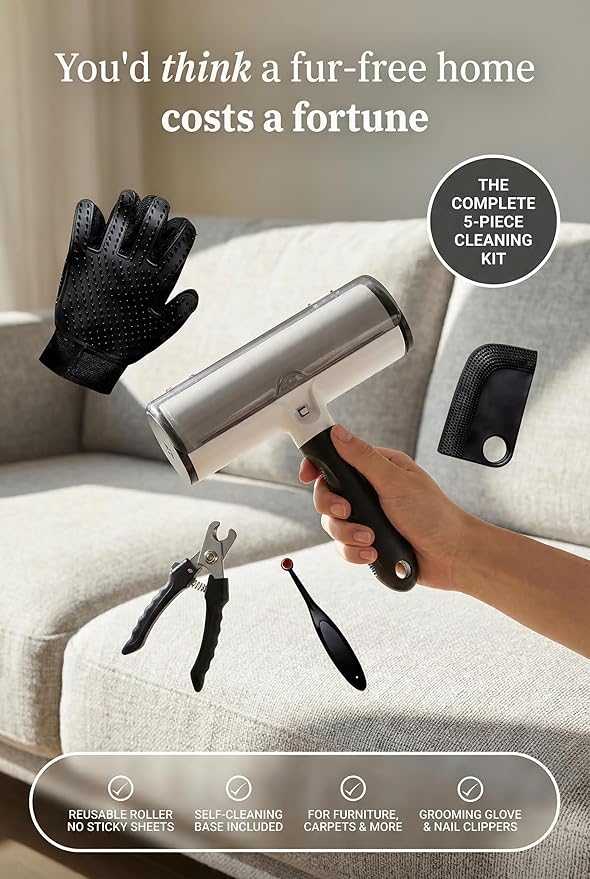 Pet Hair Remover Roller with Grooming Glove, Lint Roller, Nail Clipper, Cleaning Kit, 5-Piece Set