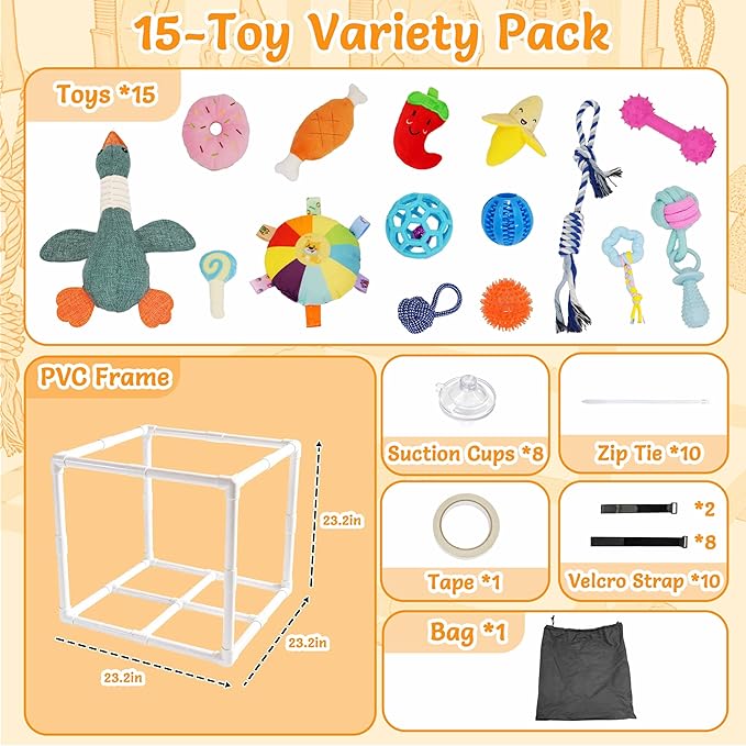 Puppy Play Gym with 15 Puppy Toys, Indoor Jungle Gym with Puppy chewingToys for Teething & Mental Stimulation, 23.2" Small Dog Play PVC Frame with Straps and Storage Bag