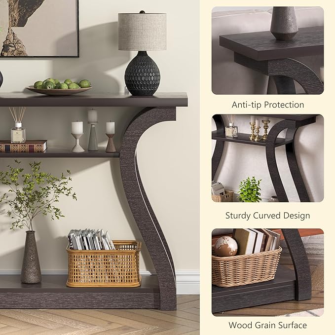 Wooden Console Table with Curved Legs and Shelf, 3-Tier Modern Accent Sofa Table for Entrance Area, Living Room, Hallway 47 in Wide (Brown)