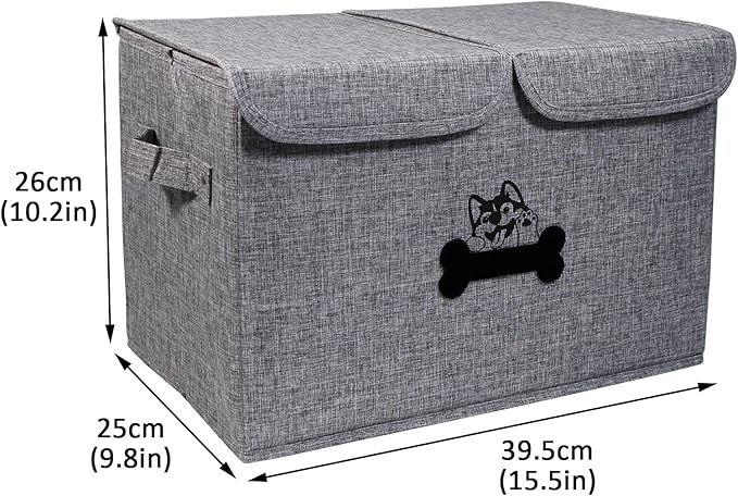 Large Dog Toy Bin-Pet Toys Storage Box-Fabric Storage Bin with Lid-Collapsible Dog Toy Organizer,Dog Toy Basket -Chew Proof Dog Bin-Can be Personalized-Gray