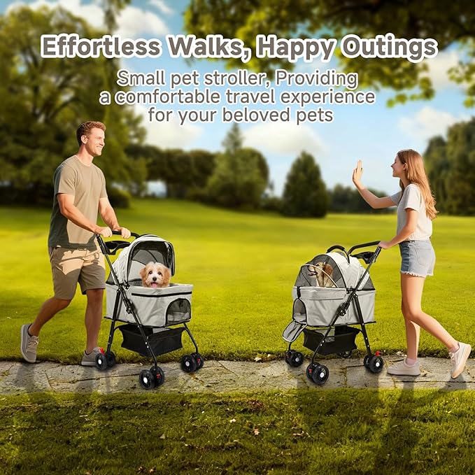 Pet Stroller for Small Dogs and Cats with 4 Wheels, Foldable Portable Dog Stroller with Detachable Carrier, Sun Shades, Storage Basket & Cup Holder, Up to 33 lbs