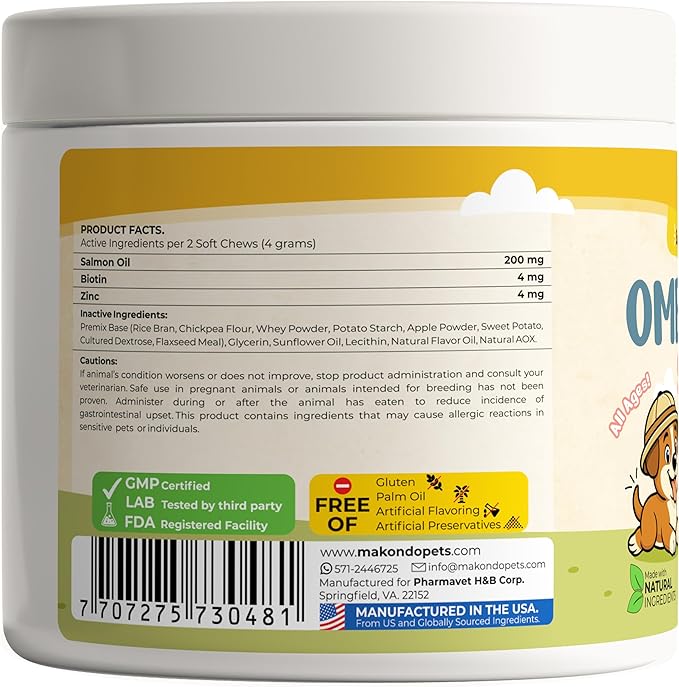 Omega 3 Soft Chews – Salmon Oil for Dogs Skin and Coat Support, Itch Relief & Shedding Support – EPA & DHA Dog Fish Oil Fatty Acids – 120 Chews by Makondo Pets.