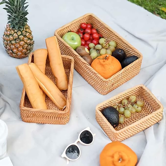 ZENFUN 3 Pack Natural Rattan Storage Baskets, Rectangular Woven Fruit Baskets for Decor, Handmade Woven Nesting Bread Baskets for Organizing, Serving, for Kitchen, Home, 3 Sizes