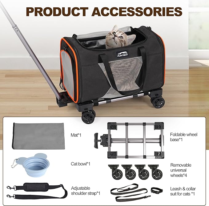 Pet Carrier Airline Approved with Wheels, Rolling Airline Cat Carrier Underseat up to 13lbs, Soft-Sided Cat Carriers for Kitten and Puppy with Shoulder Strap and Pet Bowl 16.5 * 11 * 10.2in, Black