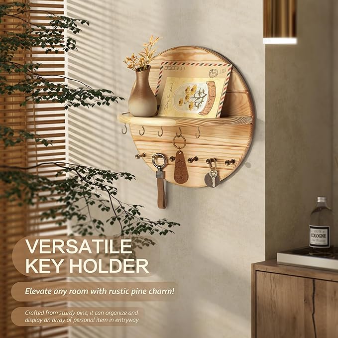 Rebee Vision Pine Wood Key Holder Wall Mount Decorative – Round Wooden Rustic Key Holder for Wall with 11 Hooks and Floating Shelf– Circular Mail Organizer for Home Decor, Living Room (Natural Wood)