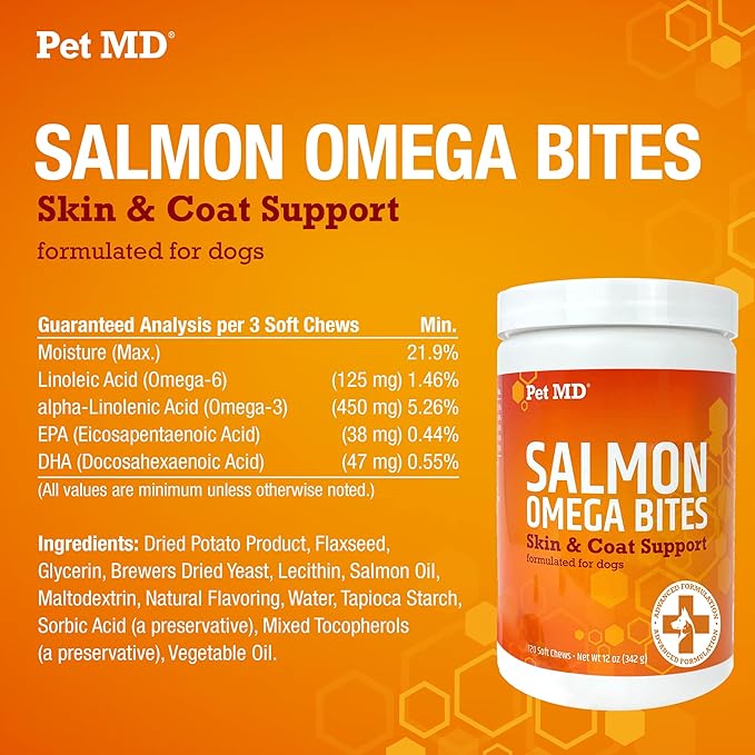Pet MD Salmon Omega Bites for Dogs - Skin and Coat Supplement with Omega 3 & 6 for Dogs Plus DHA & EPA - Promotes Allergy & Dry Skin Relief - 120 ct