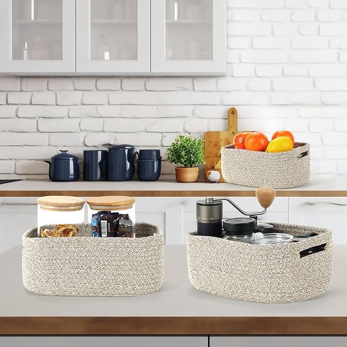Bidtakay Small Cotton Rope Storage Baskets for Organizing 3 Pack Woven Baskets for Storage Closet Organizer Bins for Shleves 11.8×7.8×5 inch Cute Boho Decorative Basket with Handles - Light Tan