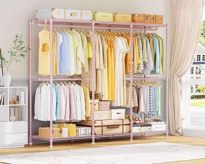 E14 Pro Heavy Duty Clothes Rack,Freestanding Clothing Racks for Hanging Clothes,Adjustable Closet Organizers and Storage,Metal Garment Rack with Shelves 69"W x16"D x77"H,Max Load 960LBS,Pink
