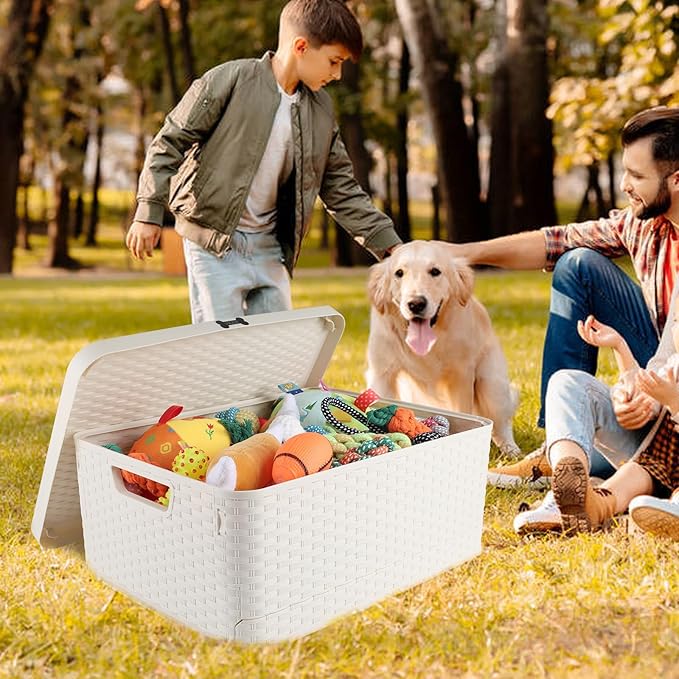 Collapsible Dog Toy Basket,Outdoor Dog Toy Bin wtih Handles,Dog Stuff Organizer Portable,Pet Storage Bin with Cover for Dog Toys Snack,Ideal for Camping,Dog Swimming,RV Trip,Picnic-Medium