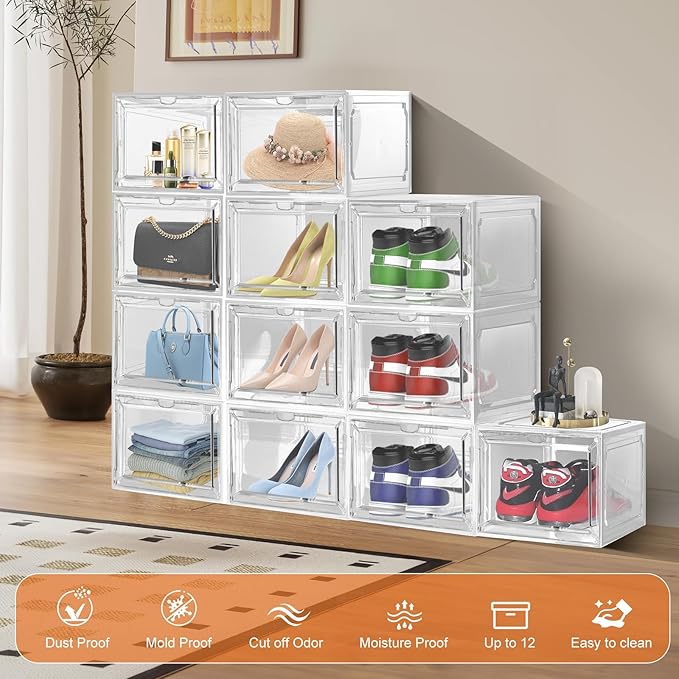 Shoe Box, Clear Shoe Storage Organizer with Magnetic Door,Stackable Plastic Shoe Boxes for Sneakers,and Heels,Durable Shoe Cabinet Organizer Space-Saving Foldable Shoe Rack for Closet, (clear, 4 pcs)