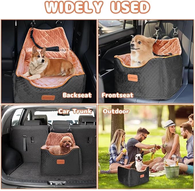 Memory Foam Booster Dog Car Seat with Washable Removable Cover, Elevated Pet Car Seat, Anti-Slip Sturdy Booster Seats for Small Dogs 35lbs, Seat Belt, Storage Pocket, Dog Blankets