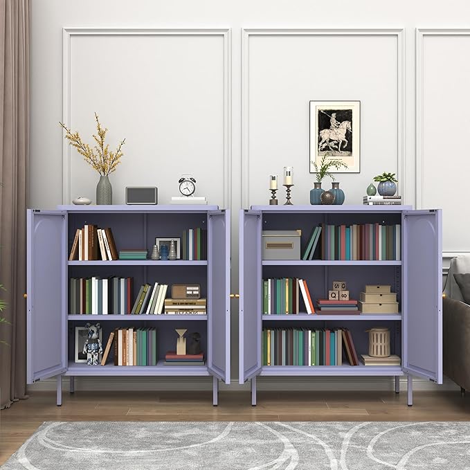 Metal Storage Cabinet with Lock, 2-Door Semi-Circular Steel Door, 2 Adjustable Shelves, Heavy Duty Secure Storage Unit for Home, Office, School, Purple 36" H X 31.5" W X 13.8" D