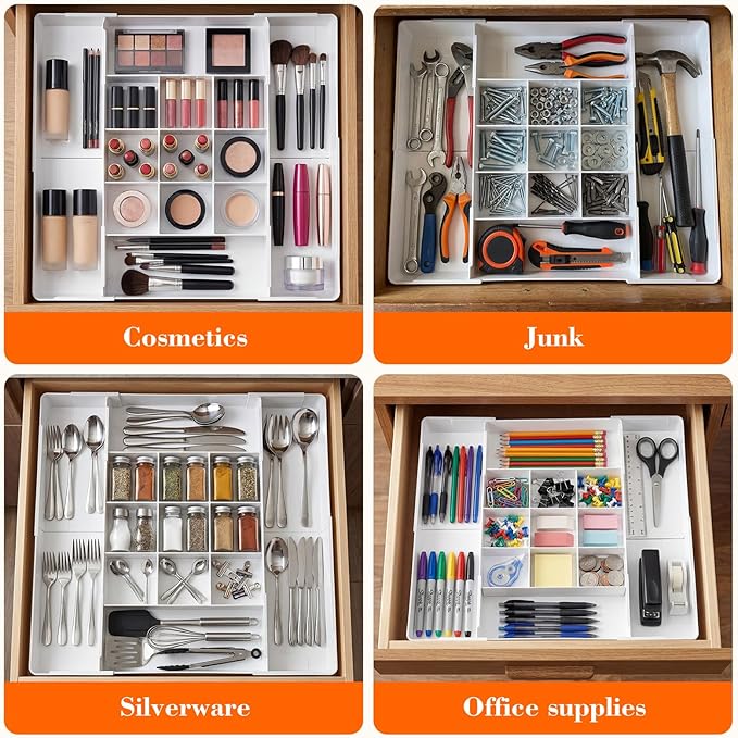 2 Pcs Large Expandable Acrylic Drawer Organizers, Grid Adjustable Drawer, Dividers Organizer for Desk, Makeup, Jewelry, Office, Kitchen Supplies (White,13 Compartments)
