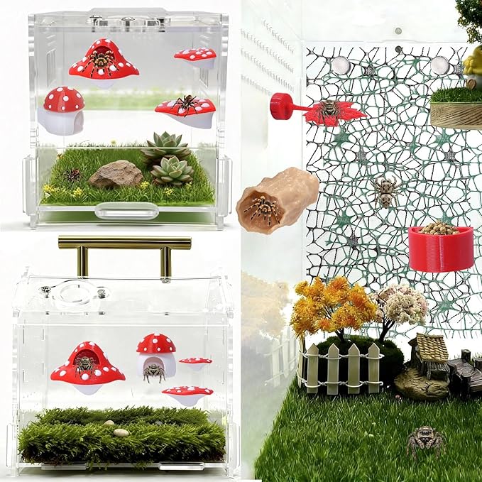 9 Pcs 3D Jumping Spider Enclosure Accessories Set, Red Magnetic Jumping Spider Mushroom Platforms, Climbing Net Trunk Hideouts for Small Pets Terrarium Decor
