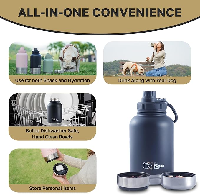 32oz 3-in-1 Portable Dog Travel Water Bottle, Food & Hydration Bottle - Dual Use for Humans & Pets with Detachable Bowls, Stainless Steel, Keeps Water Hot for 6hrs & Cold for 12hrs