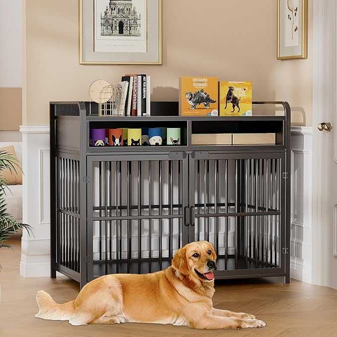 Large Dog Crate Furniture with Drawers Storage, Puppy Dog Kennel Indoor with Double Doors, Heavy Duty Wooden Dog Cage Table, Sturdy Metal, Black