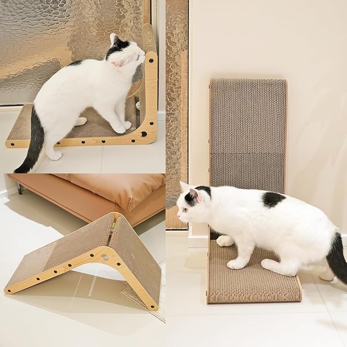 PETKARAY Cat Scratcher, Cat Scratching Board, L Shape Cat Scratch Pad for Indoor Cats, Floor Mounted Scratching Cardboard with Ball Toy