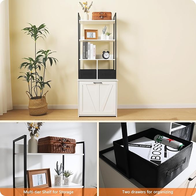 DWANTON Litter Box Enclosure with 3 Storage Shelves and 2 Drawers, 2-in-1 Hidden Cat Litter Box Enclosure Furniture with Shelf, Reversible Entrance, Washable Drawers, 61.8-Inch, White